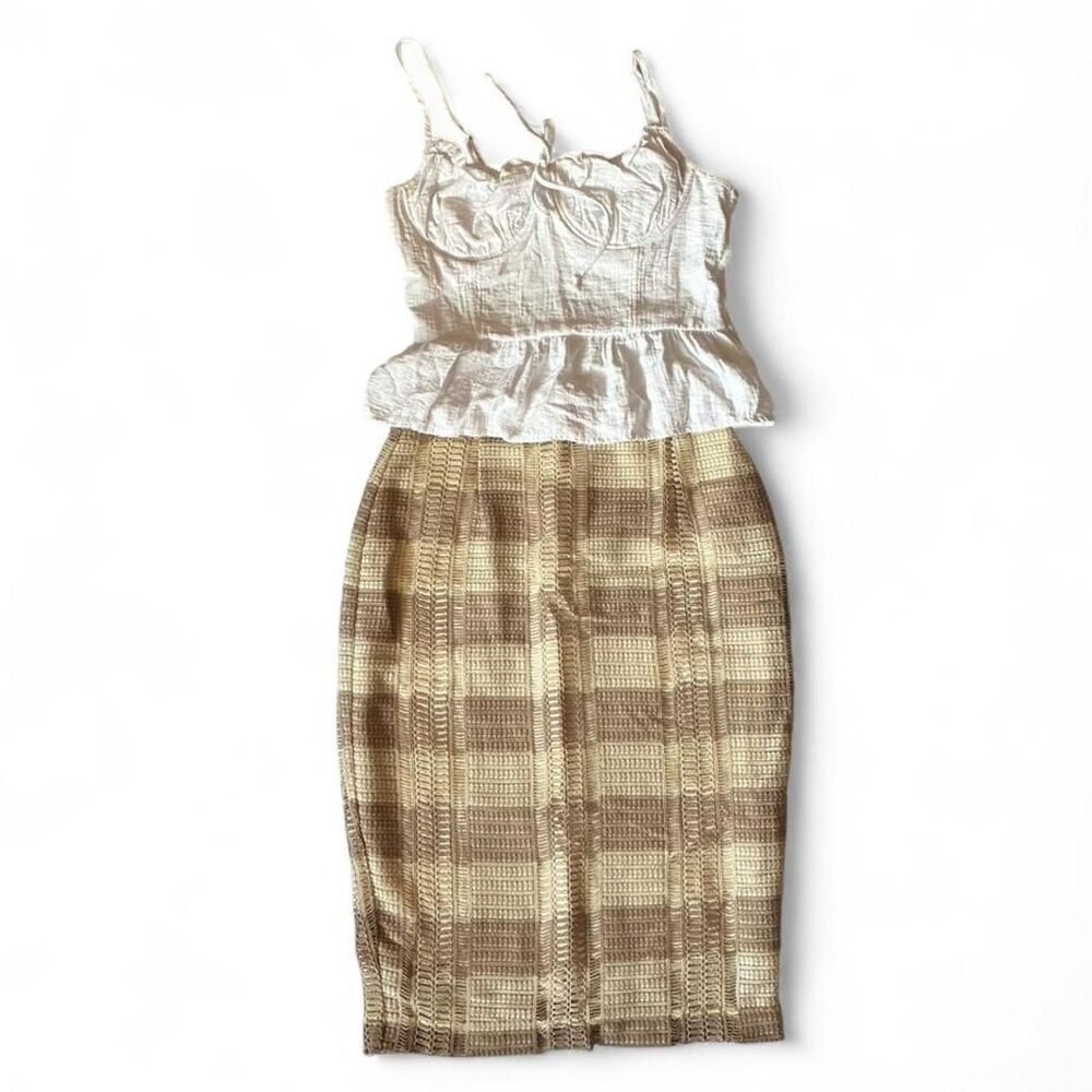 Sunday In Brooklyn Tan and Cream Crocheted Pencil Skirt